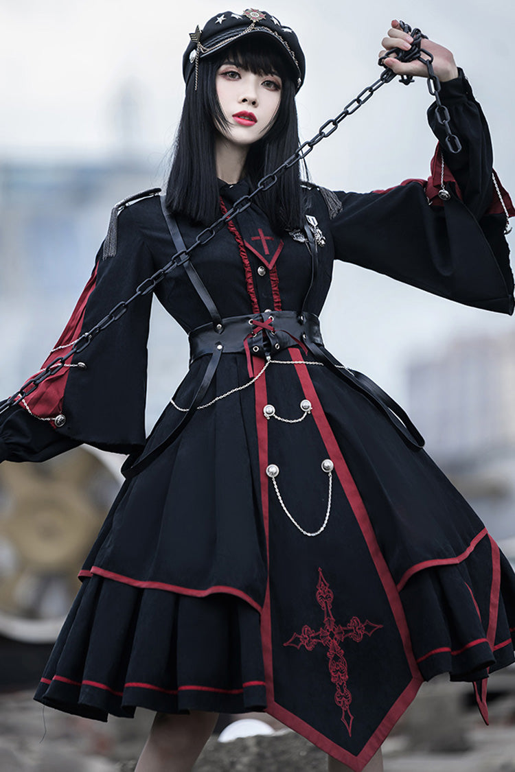 Crimson & Noir Long Sleeve Punisher Military Asymmetric Gothic Lolita Full Set