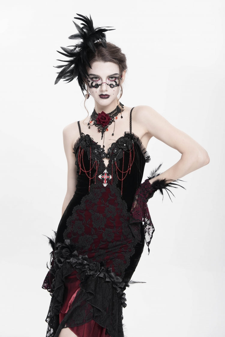 Crimson Gothic JSK with Embroidered Lace and Sleeveless Bardot Neckline
