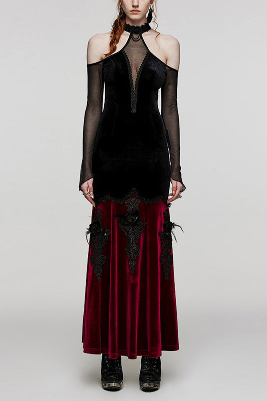 Gothic Mesh Dress with Off-Shoulder Hollow Stitching and V-Collar