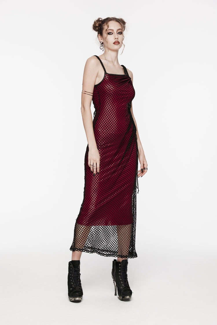 Crimson Gothic JSK Dress with Mesh Panels and Eyelet Accents