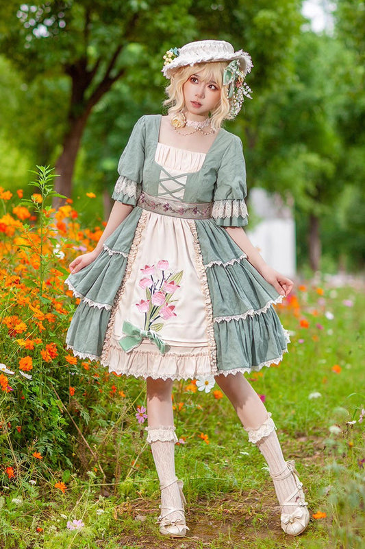 Elegant Lolita JSK with Tulip Print and Multi-Layer Embroidery