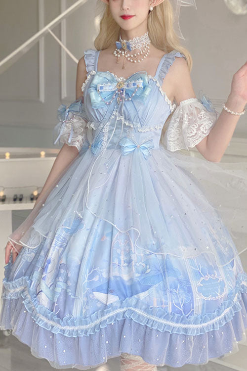 Ocean Whale Print Bowknot Multi-Layered Ruffled Princess JSK
