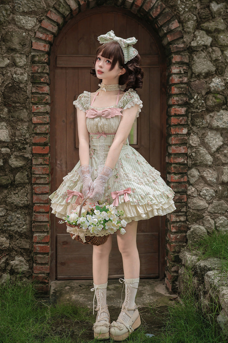 Emerald An Encounter with Austin Square Collar Short Sleeve Multi Rose Printed Ruffled Bow Lace Sweet Lolita Gown