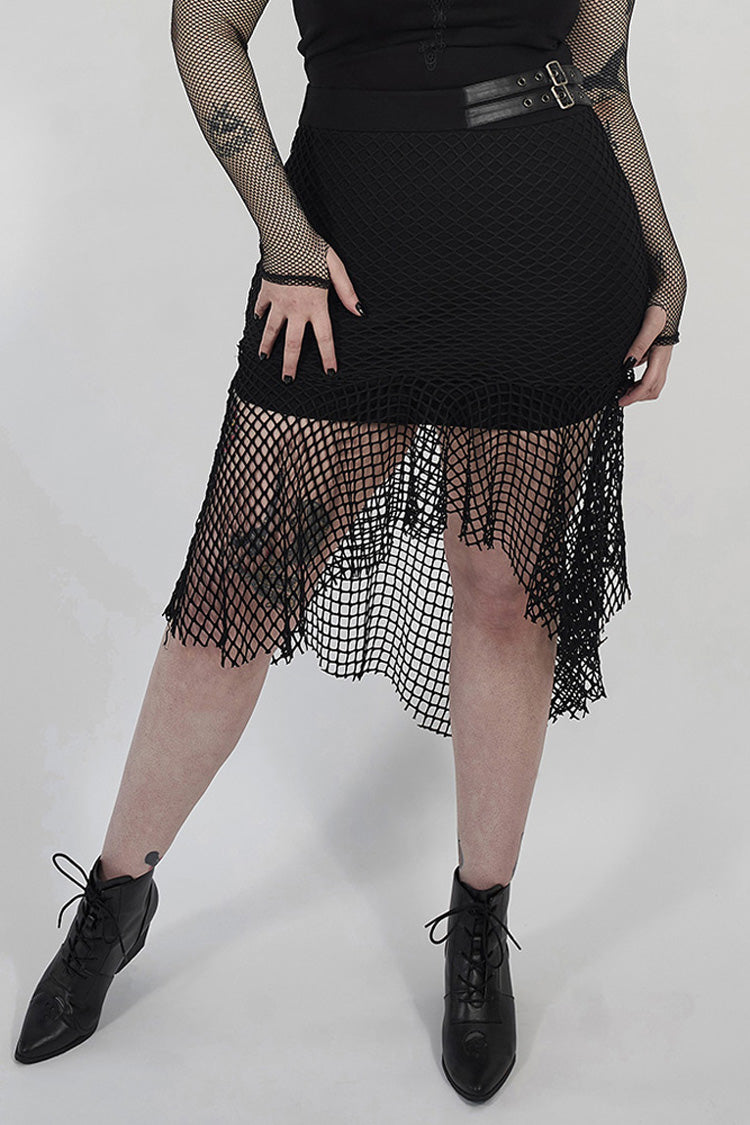 Fishtail Knit Skirt with Leather Clasps and Mesh Panels