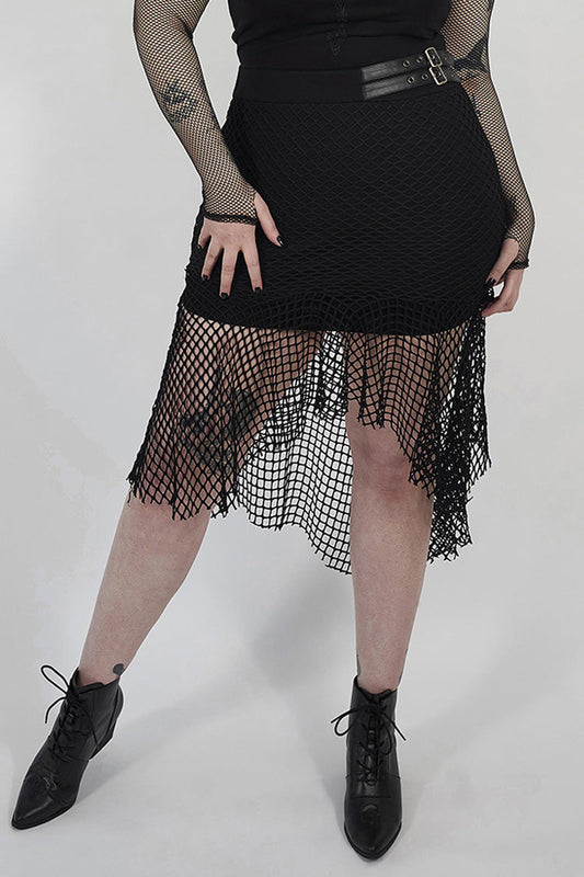 Fishtail Knit Skirt with Leather Clasps and Mesh Panels