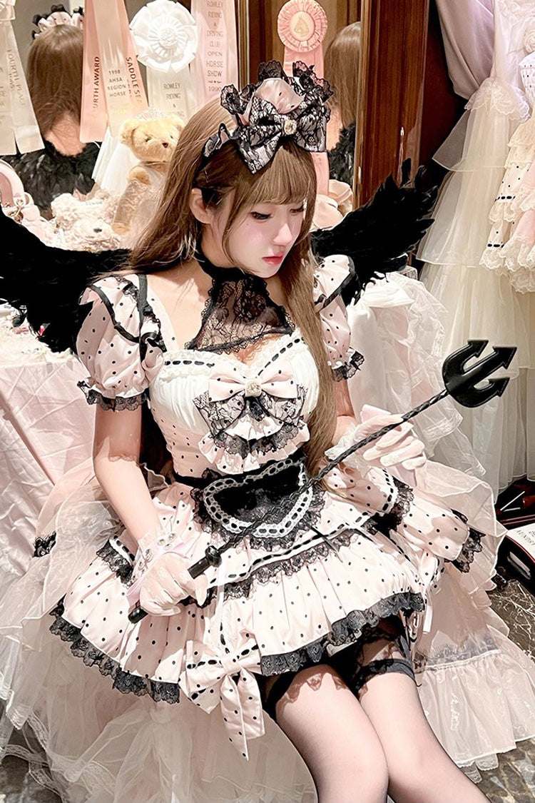 Apprentice Cupid Halterneck Short Sleeves Print Ruffle Bowknot Lace, Maid Sweet Lolita
