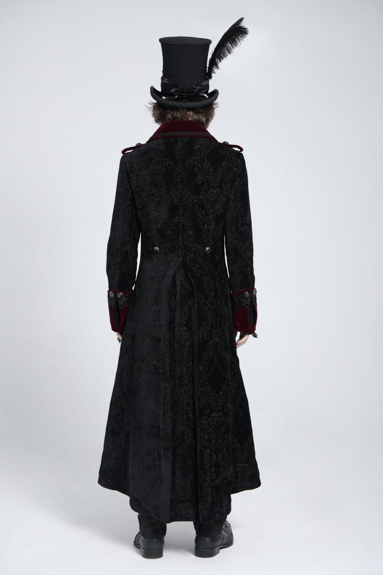 Crimson Noir Zipper Embroidery Lapel Collar Men's Gothic Coat