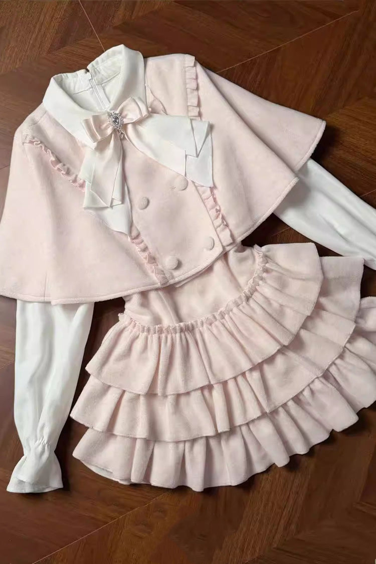 Cherry Blossom Snow Lapel Long-Sleeve Triple Ruffle Bow Faux Two-Piece Lolita Dress