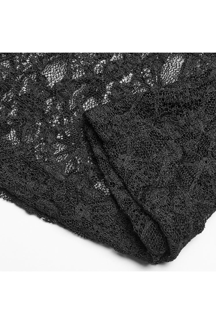 Transparent Lace Gothic Tee with One-Word Collar, Long-Sleeve Women's