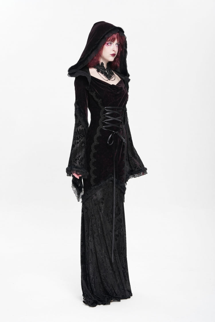Crimson & Noir Long Flared Sleeve Embroidered Stitched Hooded Mesh Gothic Dress