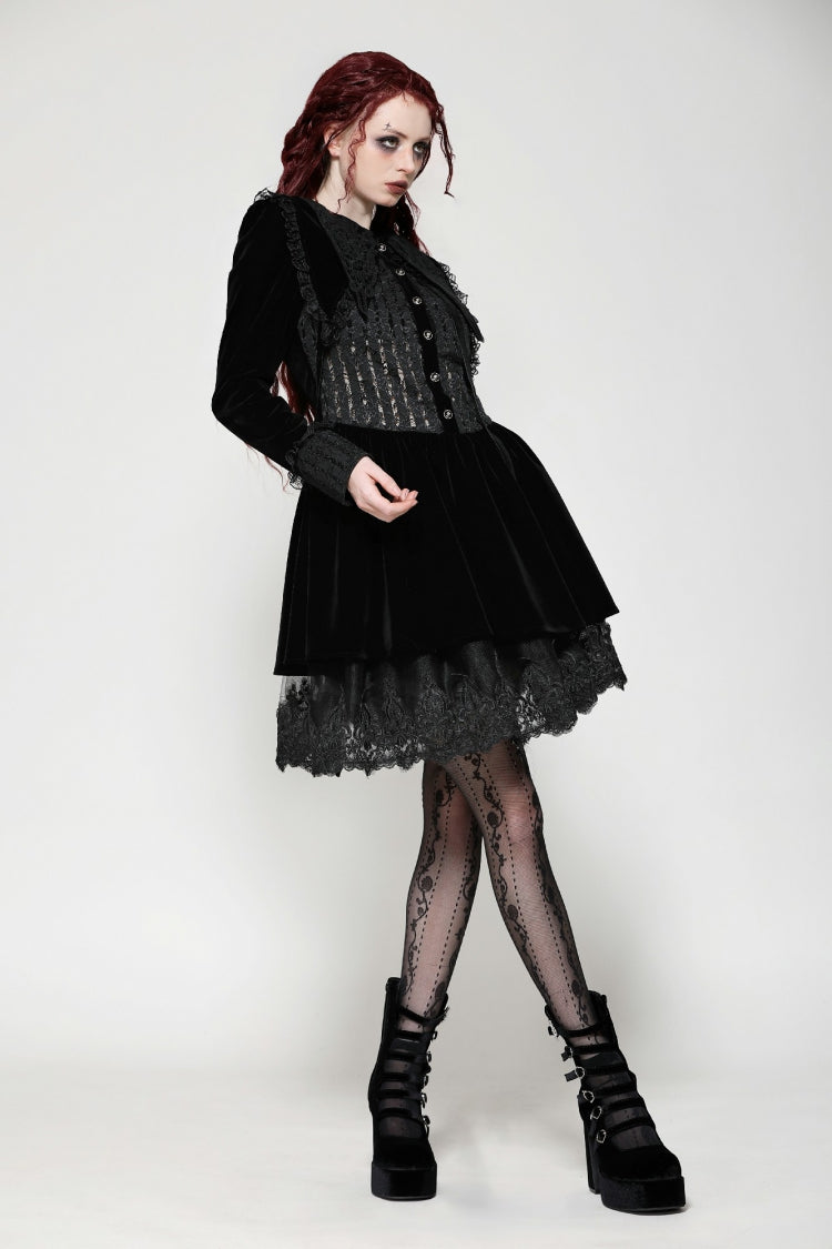 Gothic Velvet Short Dress with Lace Trim and Extended Sleeves