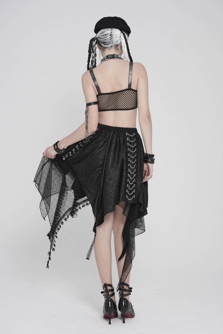 Punk Streamer Skirt with Irregular Hem and Chain Accents