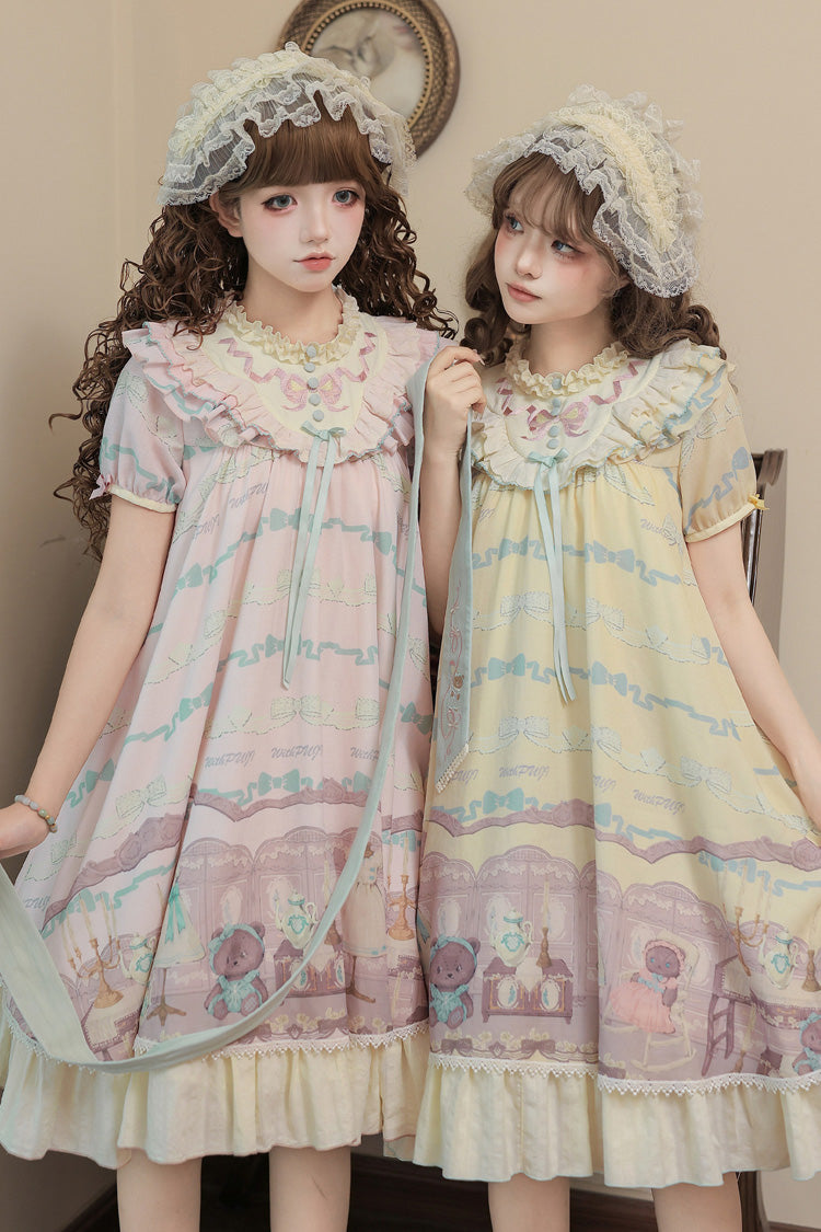 Rose Bear Print Bow Sweet Lolita Dress Set with Ruffled Short Sleeves