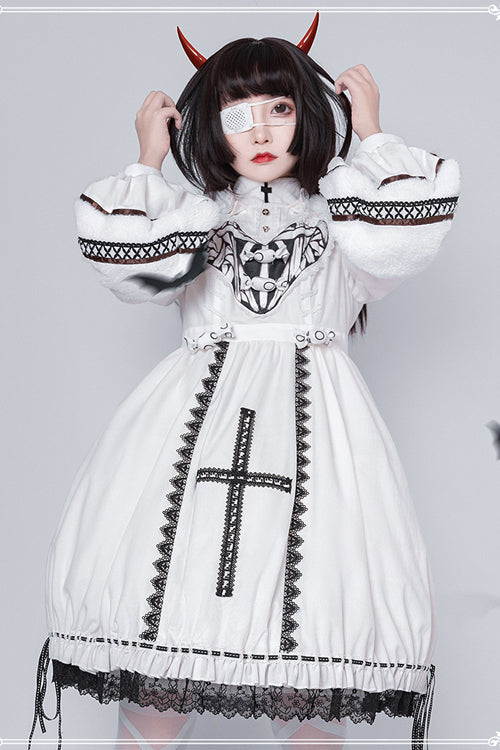 Gothic Lolita OP Dress with Detachable Hat, High Neck, Woolen Cuffs, Demon Rabbit