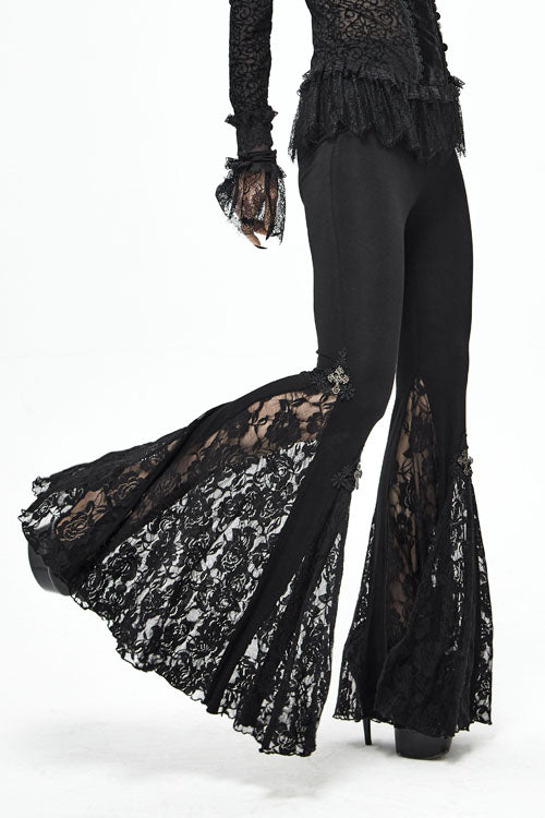Women's Gothic Pants with Knit Lace Bell Bottoms and Cross Detail