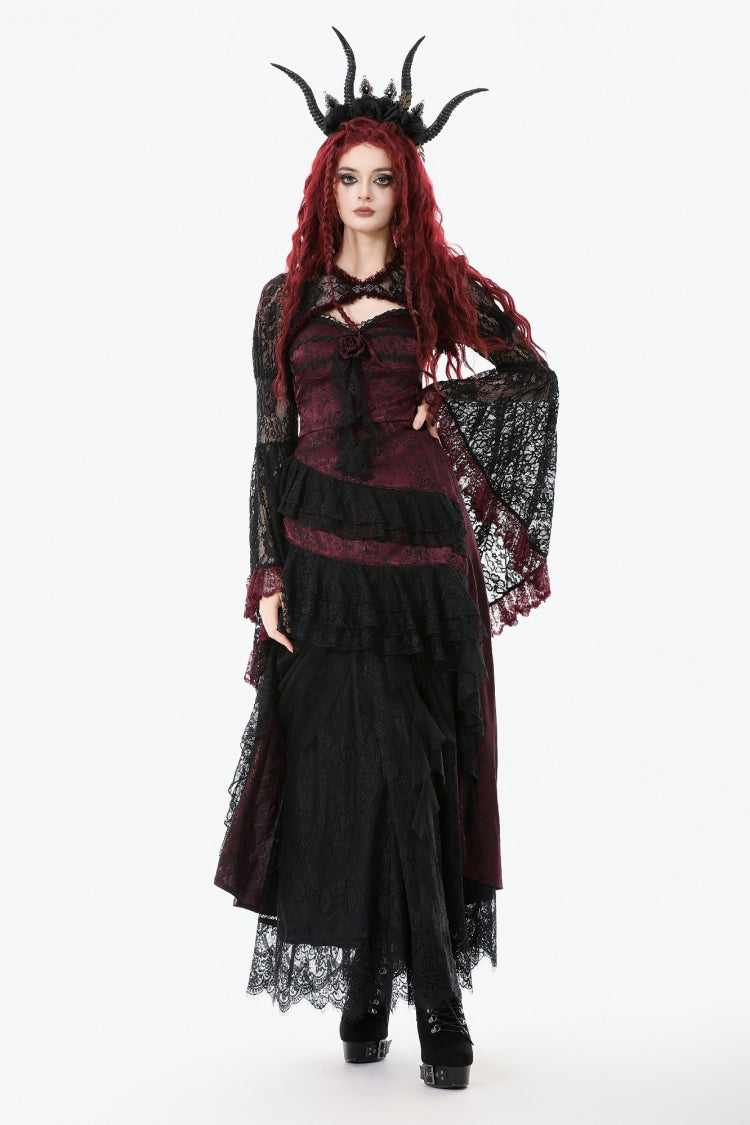 Crimson Noir Flared Lace Puff-Sleeve Women's Gothic Cape