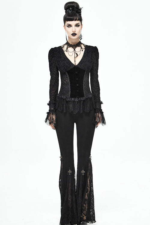 Women's Gothic Pants with Knit Lace Bell Bottoms and Cross Detail