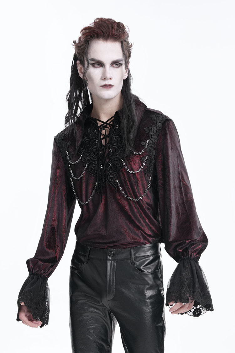Burgundy V-Neck Long Sleeve Lace-Up Chain Gothic Men's Blouse