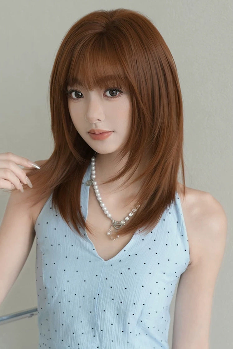 Vintage Orange Brown Face-Framing Layered Shoulder Bob Sweet Lolita Wig with Full Bangs