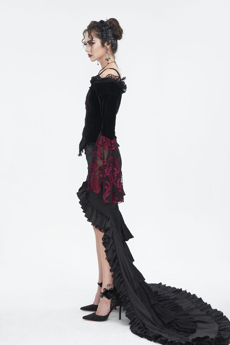 Crimson & Noir Off-Shoulder Flared Sleeve Embroidered Lace Gothic Top