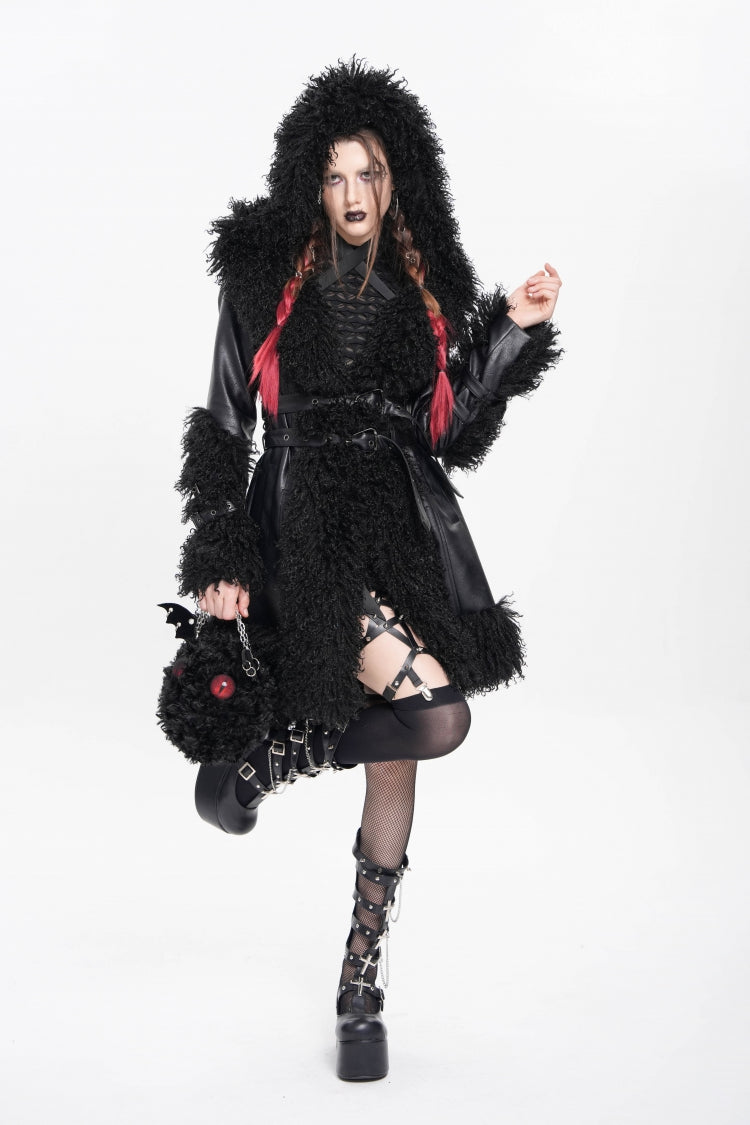 Women's Punk Coat with Plush Stitching, Buckle Straps and Hood, Long Sleeve