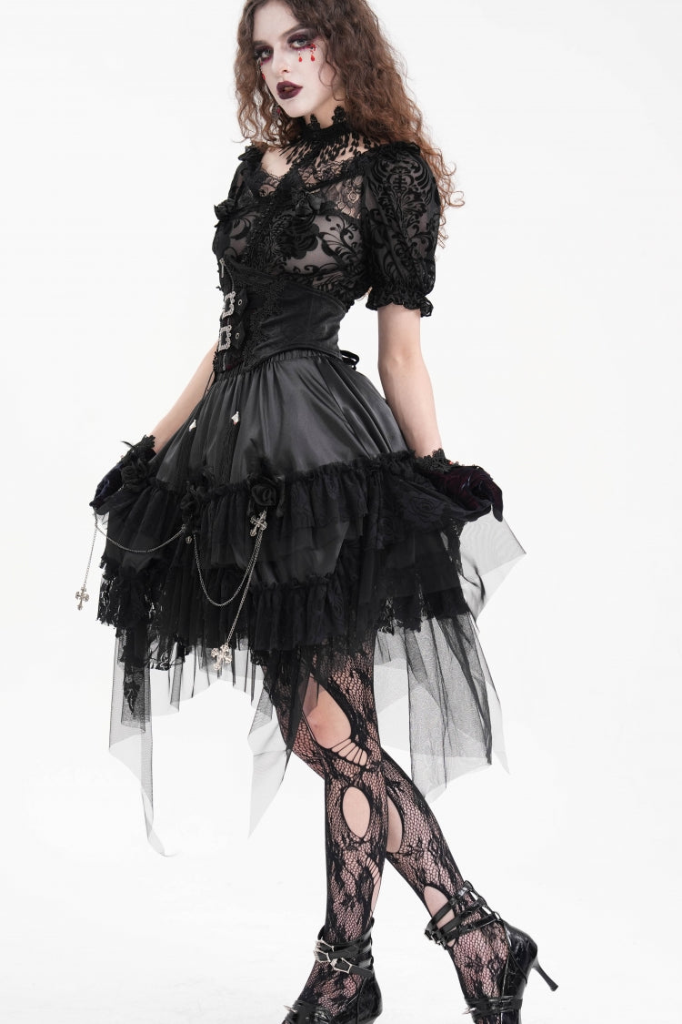 Women's Gothic Skirt with Chain Ruffle, Lace and Irregular Hem Cross