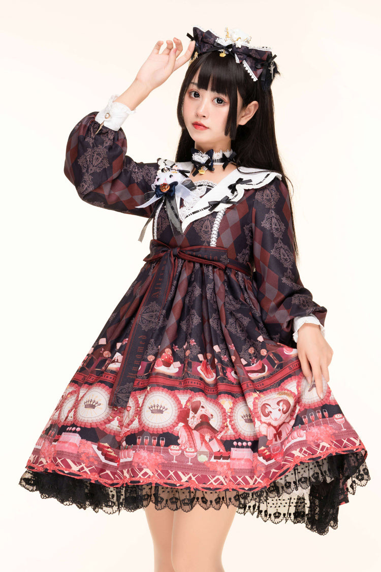 Long Sleeve Print Ruffle Bow Sweet Lolita JSK - Afternoon Fantasia