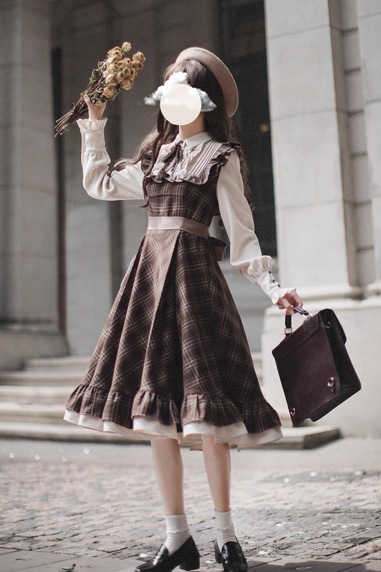 Vintage College Style Lolita Dress with Ruffle Sleeves and Print