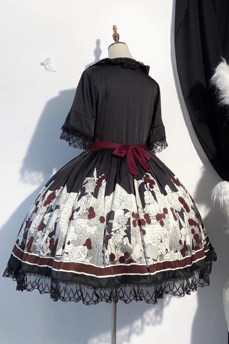 Print Bow Lace Gothic Dress - Alice of the Asylum