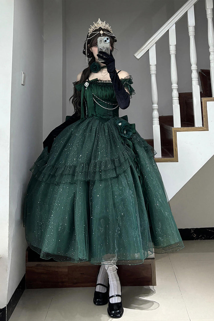 Emerald Bright Stars Off Shoulder Ruffle Bow Asymmetric Elegant Princess Lolita Gown