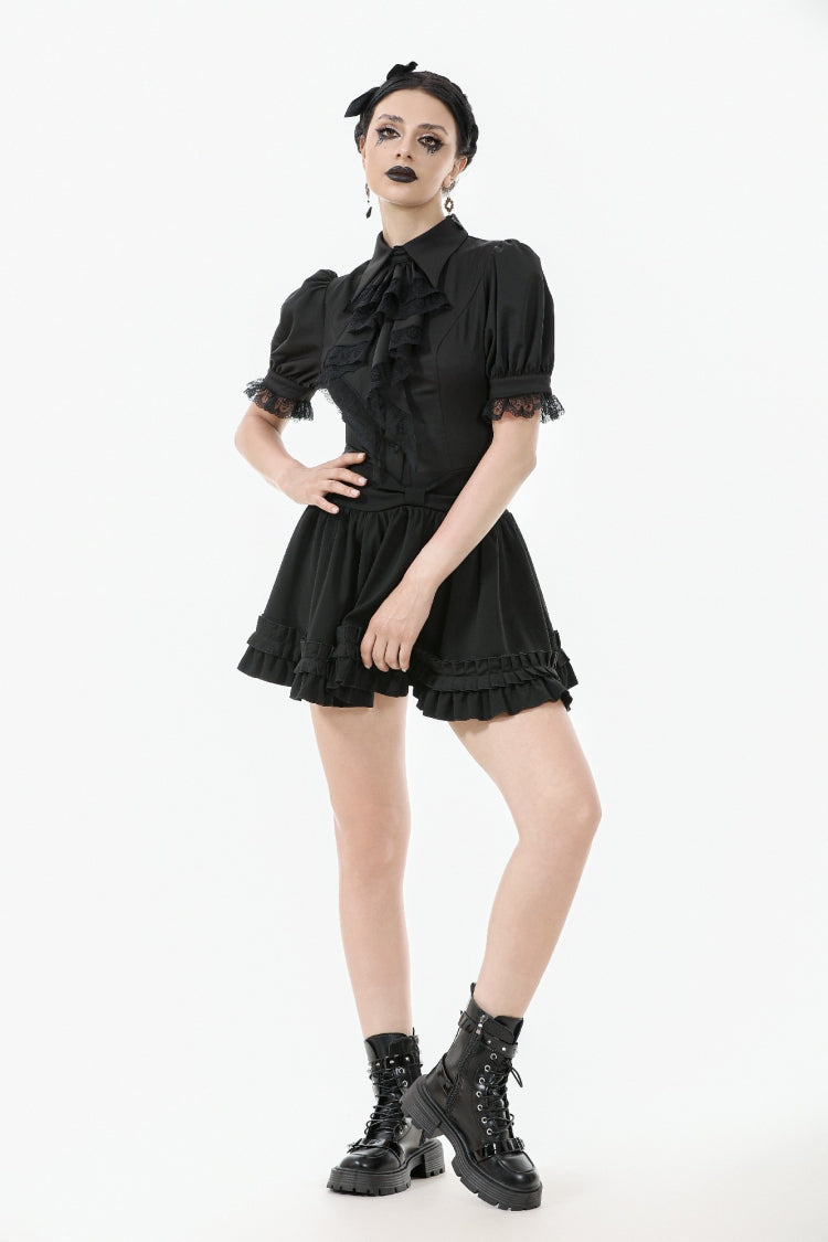 Lapel Collar Puff Sleeve Blouse with Removable Cravat - Gothic Edge