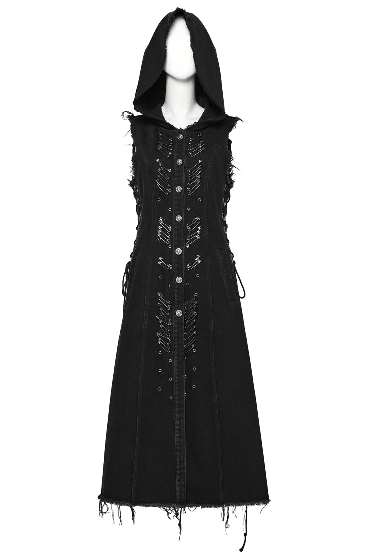 Sleeveless Hooded Vest with Drawstring and Pin Details