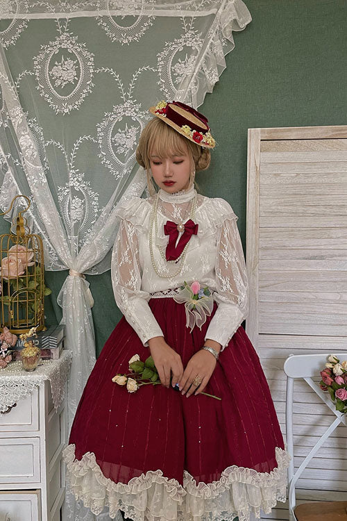 Burgundy Tulip Ruffle Classic Lolita Skirt Dress