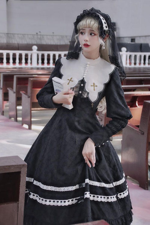 Classic Lolita OP Dress with Dark Church Lace, Ruffled Long Sleeves and Cross