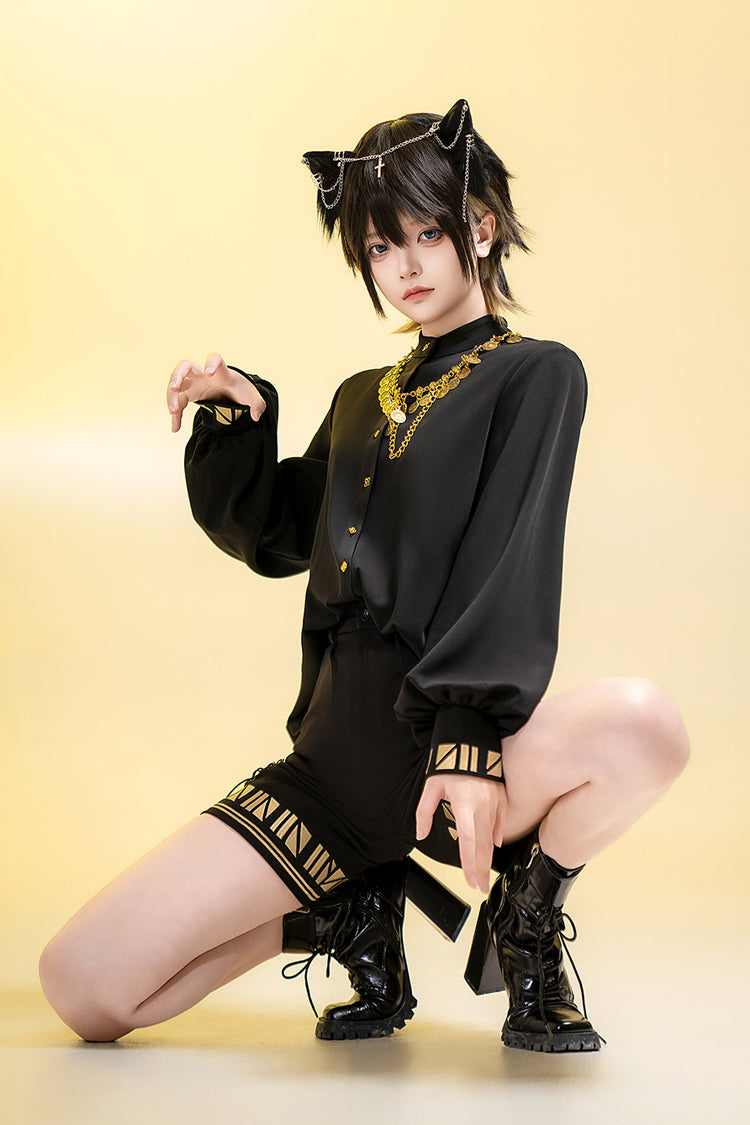 Long Sleeve Embroidered Ouji Gothic Blouse - Black Cat