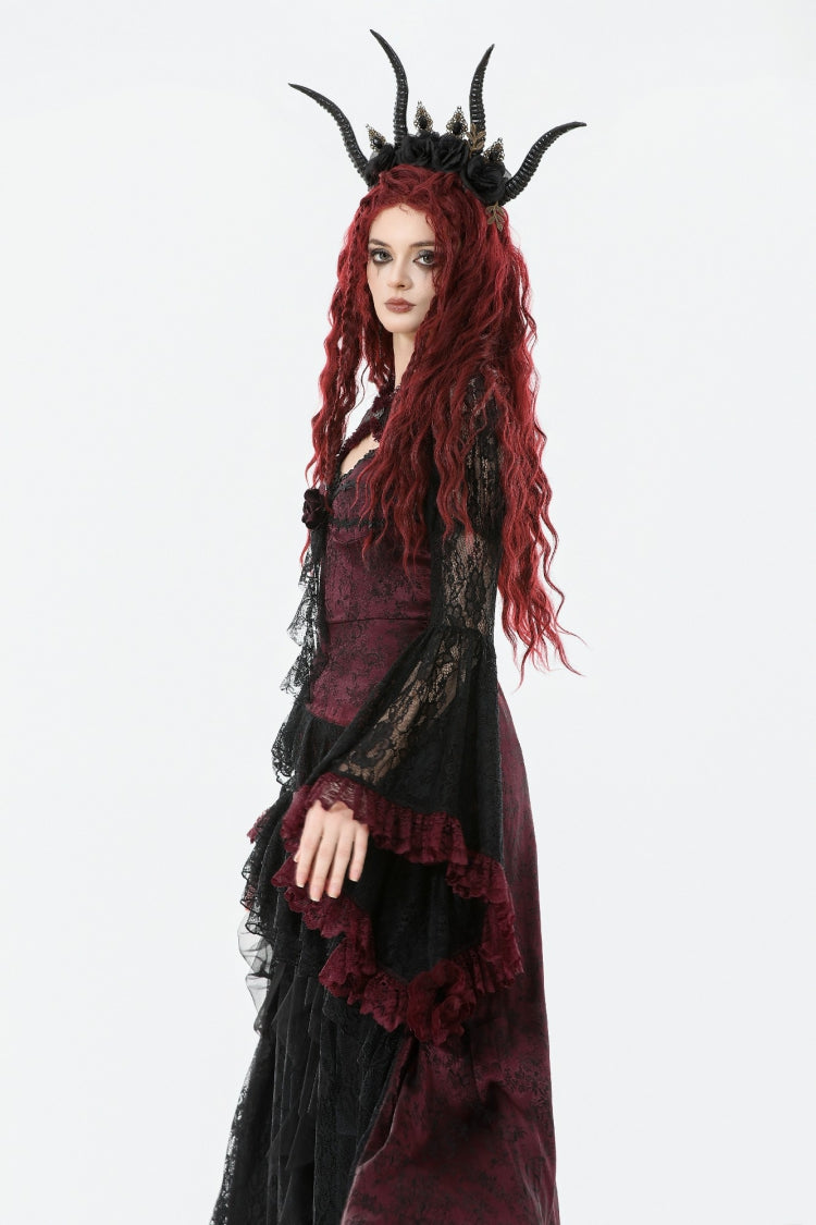 Crimson Noir Flared Lace Puff-Sleeve Women's Gothic Cape