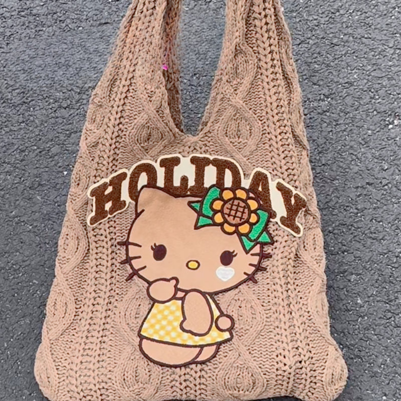 Vintage Knitted Kitty Handmade Tote Bag KI533