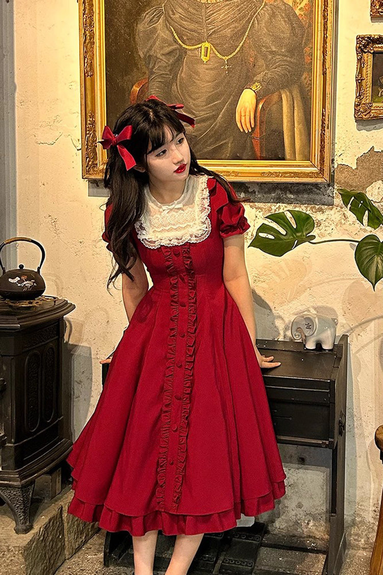 Burgundy Bow Sleeve Sweet Lolita Dress Plus Size
