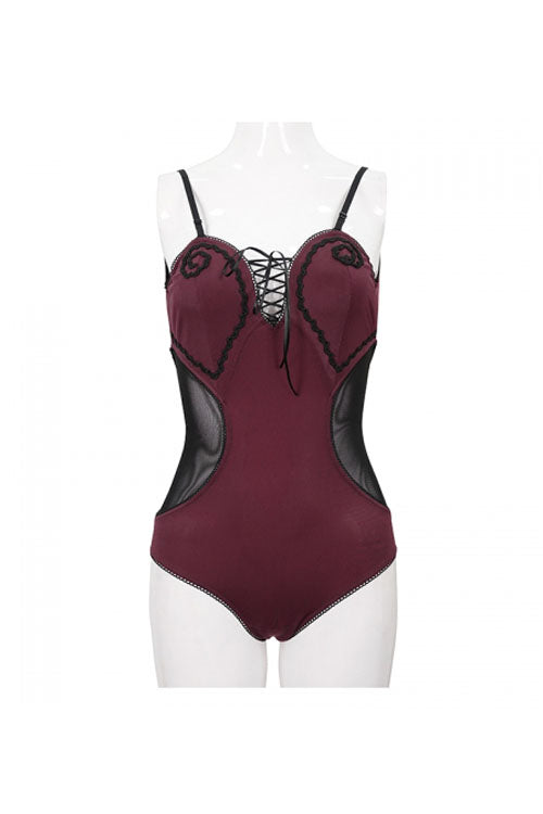 Burgundy Waist Mesh Insert Lace-Up Gothic One-Piece Swimsuit