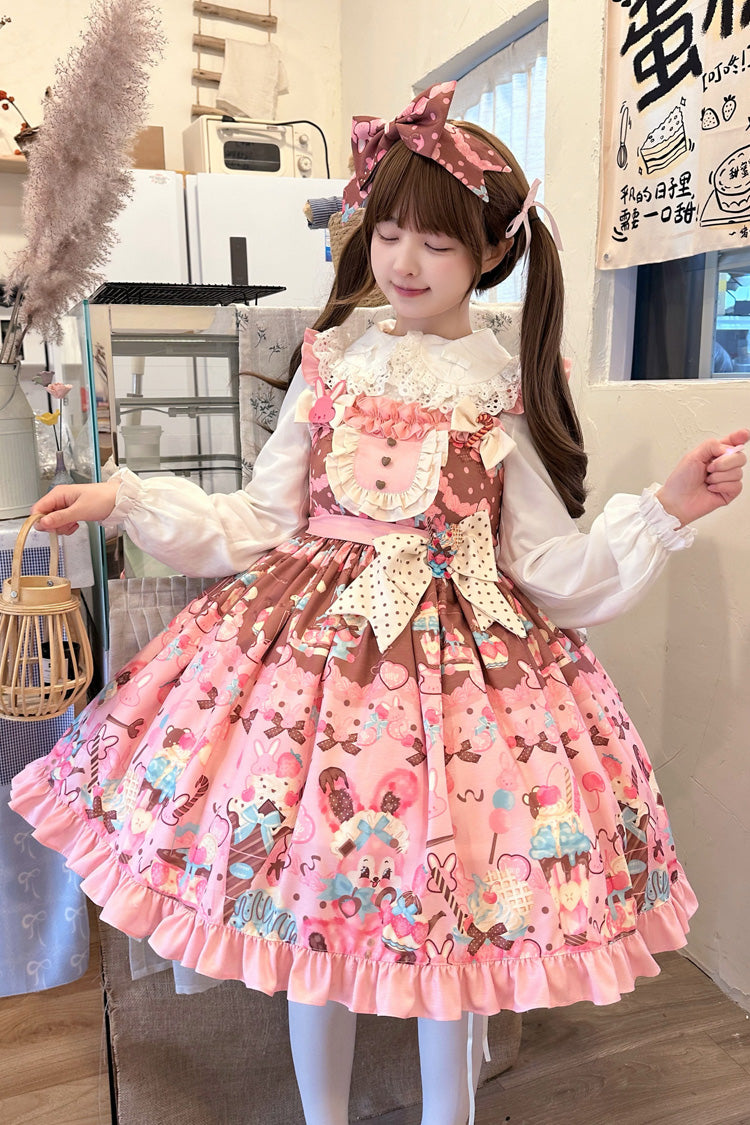 Bunny Tea Party Sleeveless Print Ruffle Bow Casual Lolita JSK