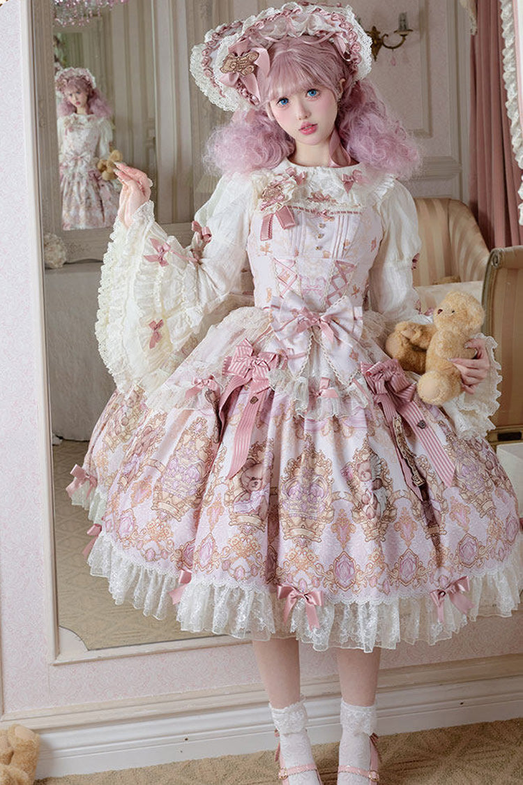 Antique Teddy Bear Sleeveless Printed Bow Lace JSK, Sweet Elegant Lolita