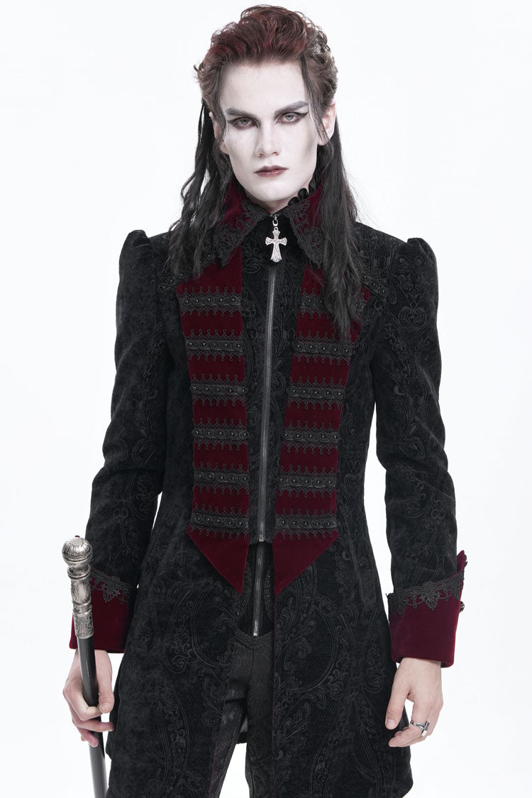 Crimson Noir Crochet Lapel Collar Long-Sleeve Men's Gothic Jacket