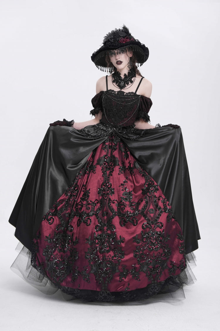 Crimson & Noir Off-Shoulder Embroidered Stitched Lace Gothic Dress