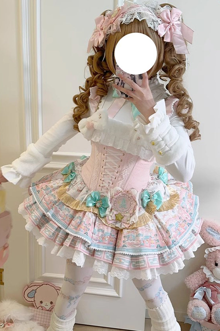 Candy House Multi-Layer Print Ruffle Bow Lace-Up Ballet Lolita JSK