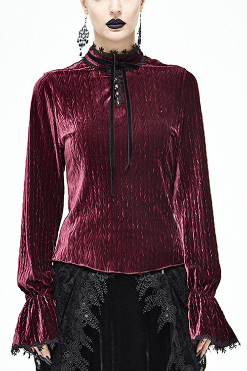 Ruby Velvet Flared-Sleeve Gothic Blouse with Pleats