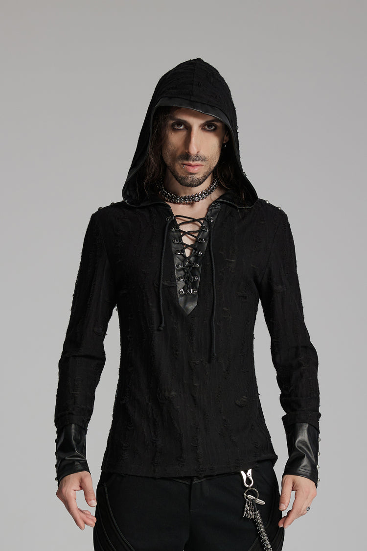 Punk Tee for Men with Lace-Up, Hood, Studs, and Eyelets, Extended Sleeves