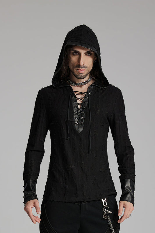 Punk Tee for Men with Lace-Up, Hood, Studs, and Eyelets, Extended Sleeves