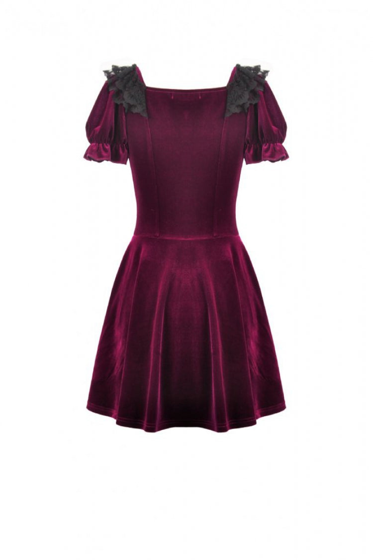 Burgundy Square Collar Short Puff Sleeve Velvet Patchwork Lace Lace-Up Gothic Dress