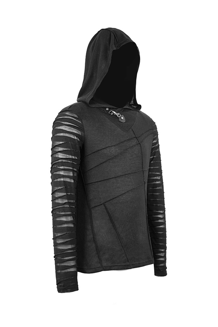 Men's Punk T-Shirt with Hood and Metal Button Striped Patchwork