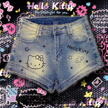 Y2K Kitty Denim Shorts Pants KI484